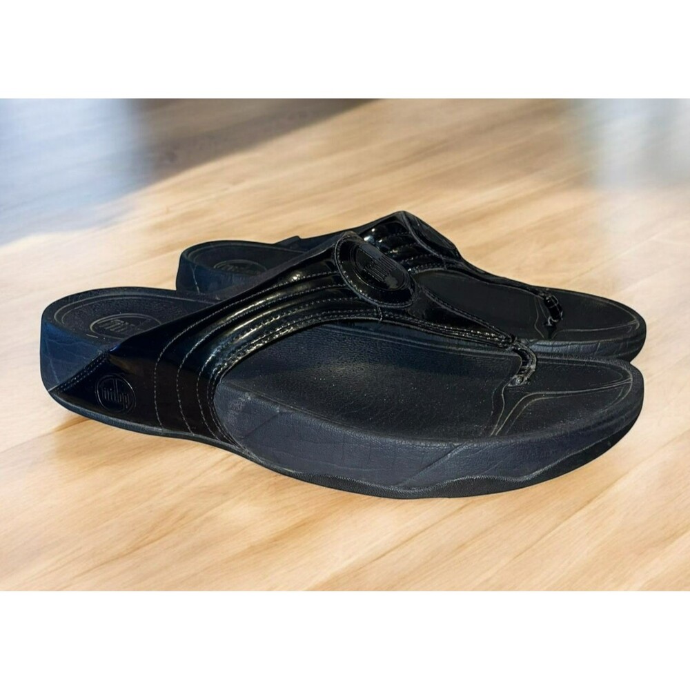 Fitflop 9 Black Patent Comfort Sandals Cushion Flip Flops